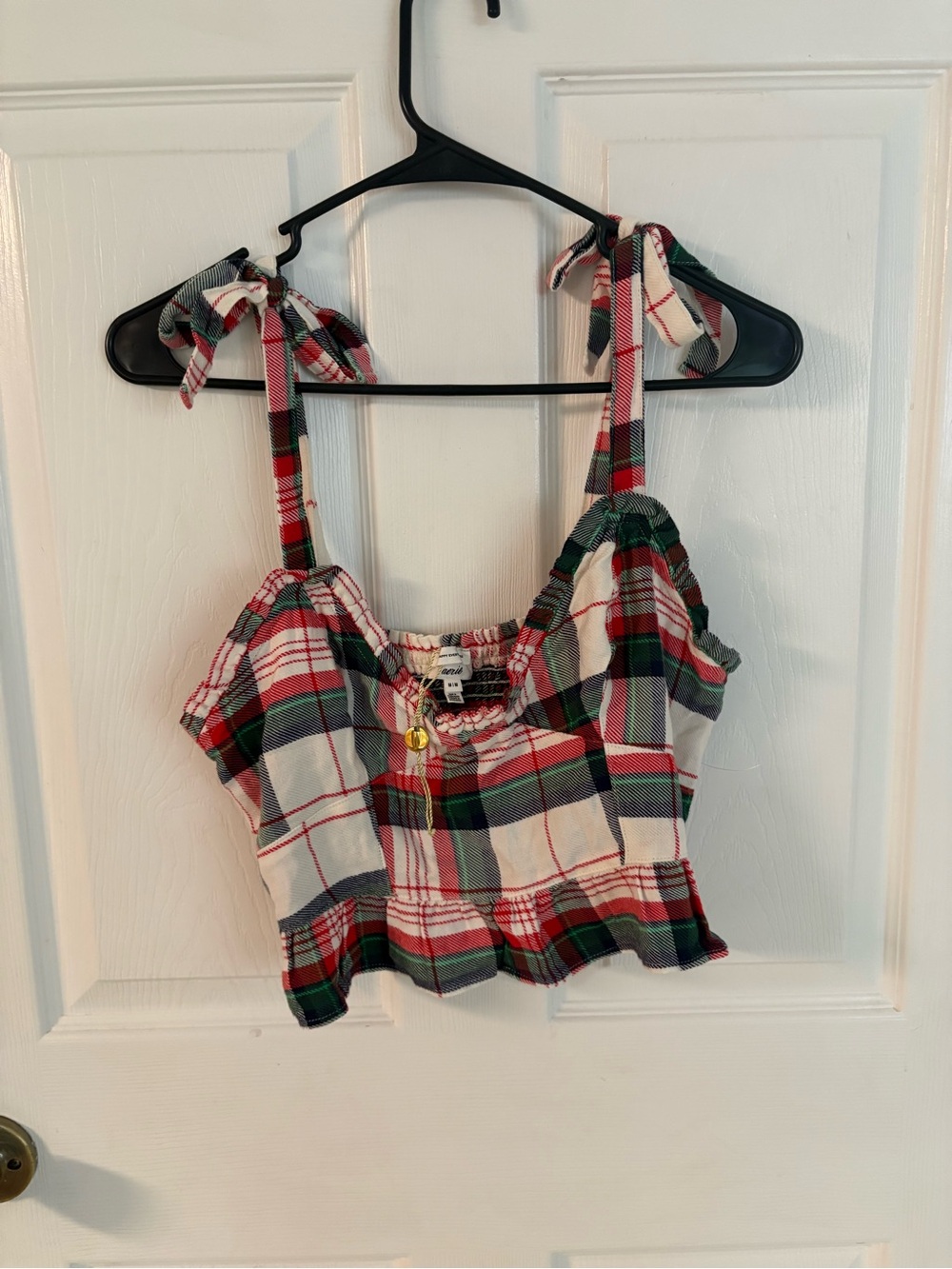aerie Red Green Plaid Tie-Shoulder Crop Top